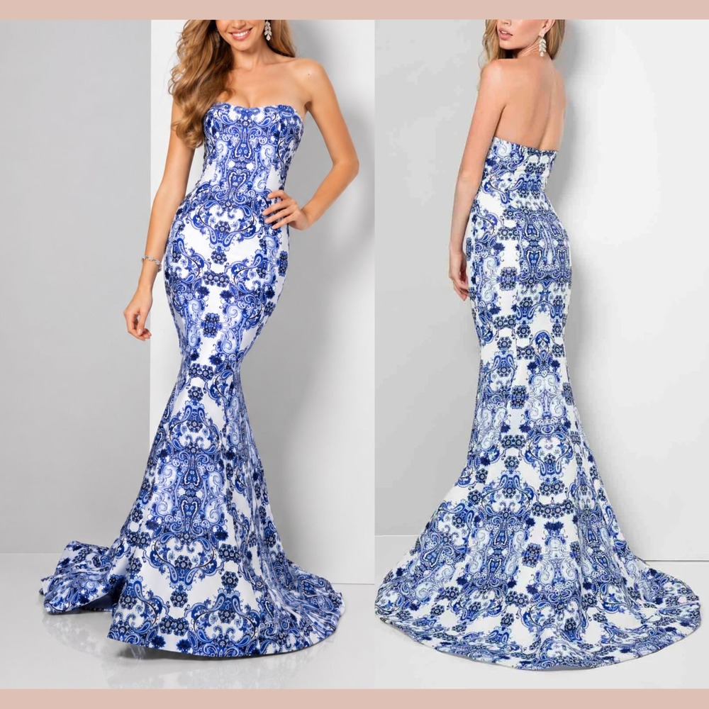 NWT Terani Couture [ 4 ] 1712P2526G Strapless Baroque Mermaid Gown Blue J2462